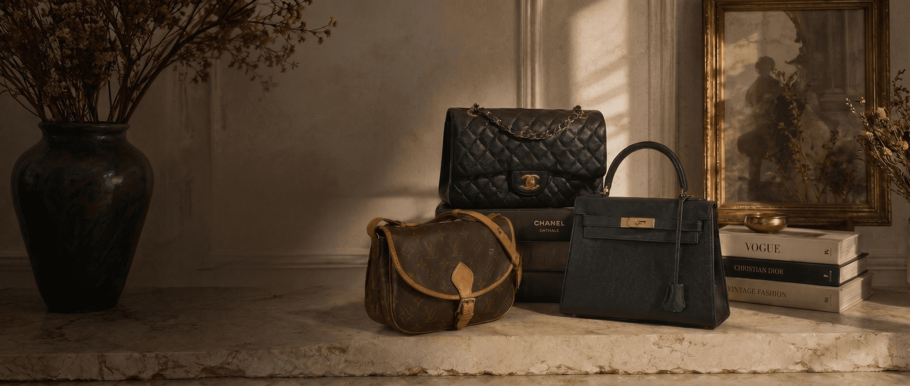 Vintage Chanel, Louis Vuitton og Hermès designertasker arrangeret på marmor
