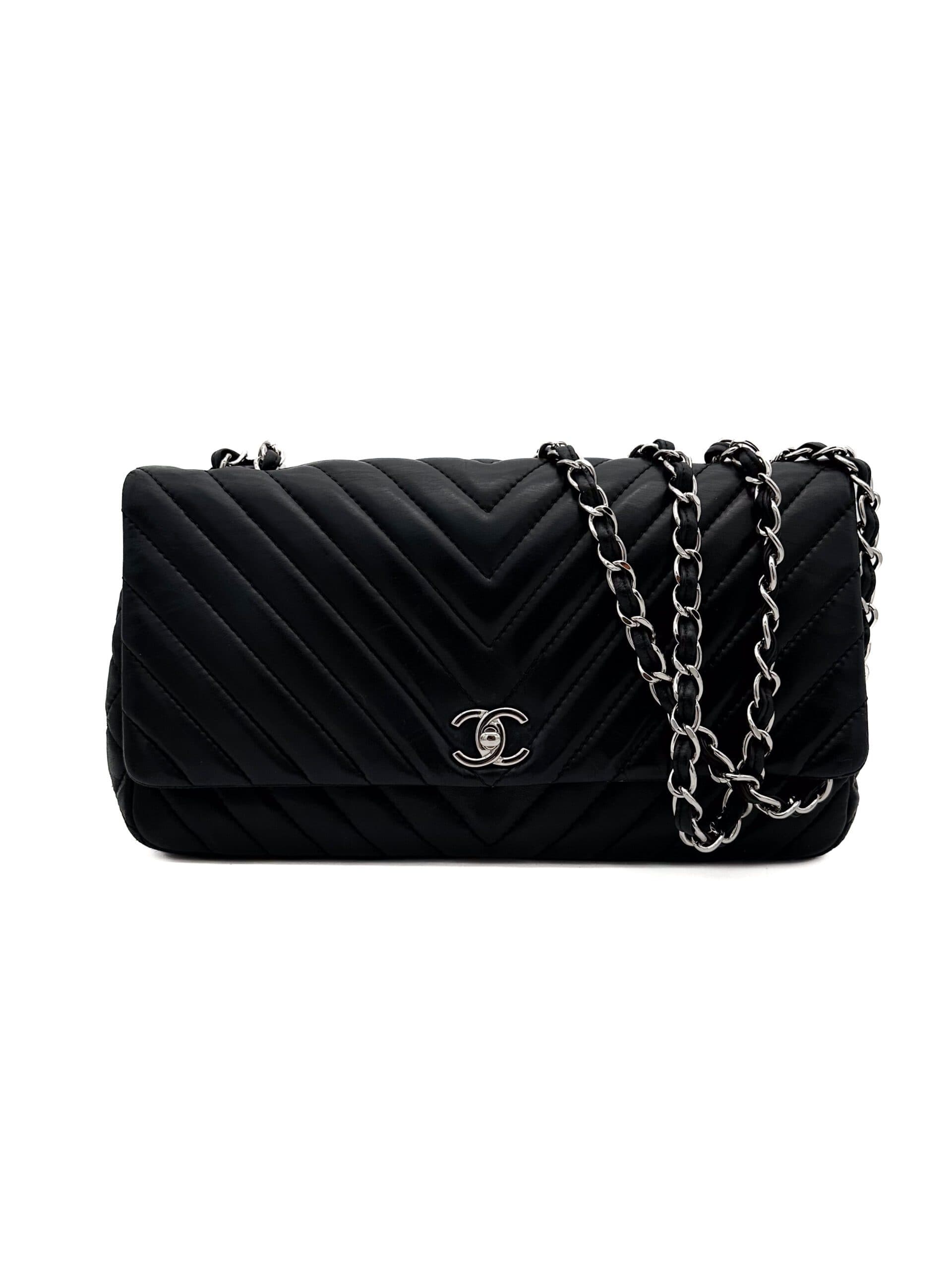 Chanel Black Surpique Jumbo Chevron Single Flap Bag