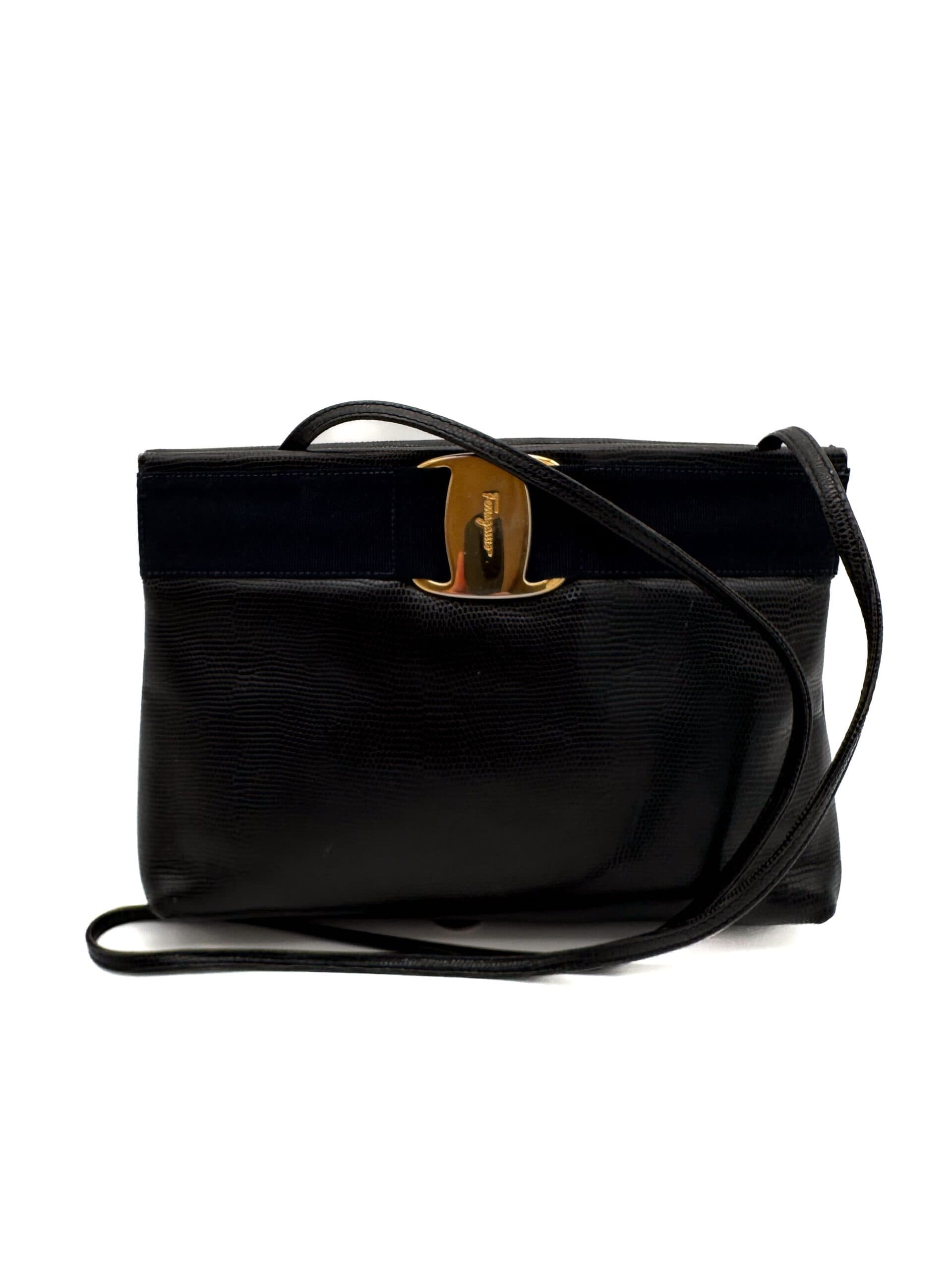 Salvatore Ferragamo Black Embossed Snake Side Bag